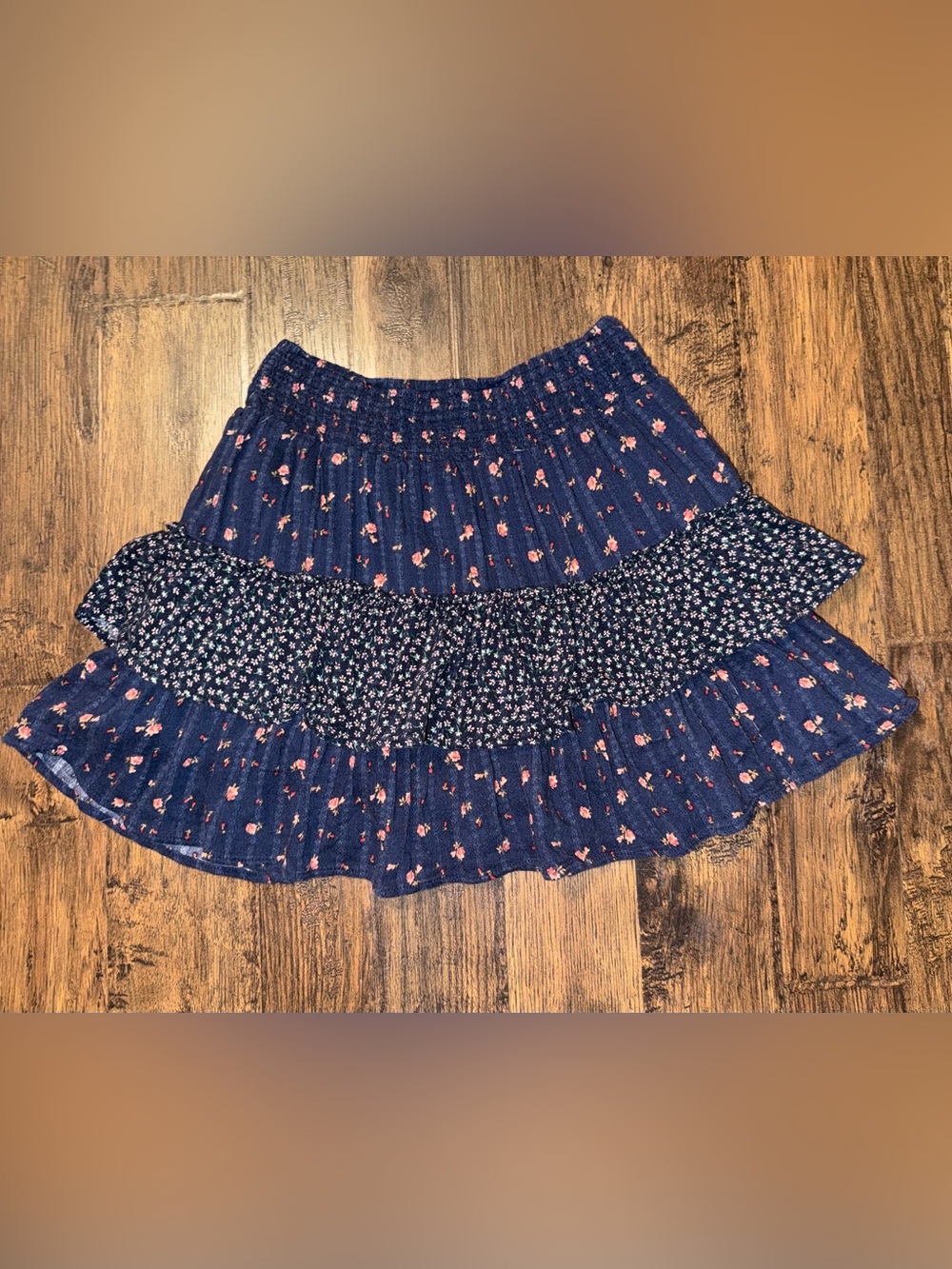 American Eagle Outfitters Navy Blue Floral Tiered Skirt with Pink Accents size S